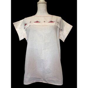 Vtg White Embroidered Mexican Top Pink & Black Embroidering Size M Manta Tunic